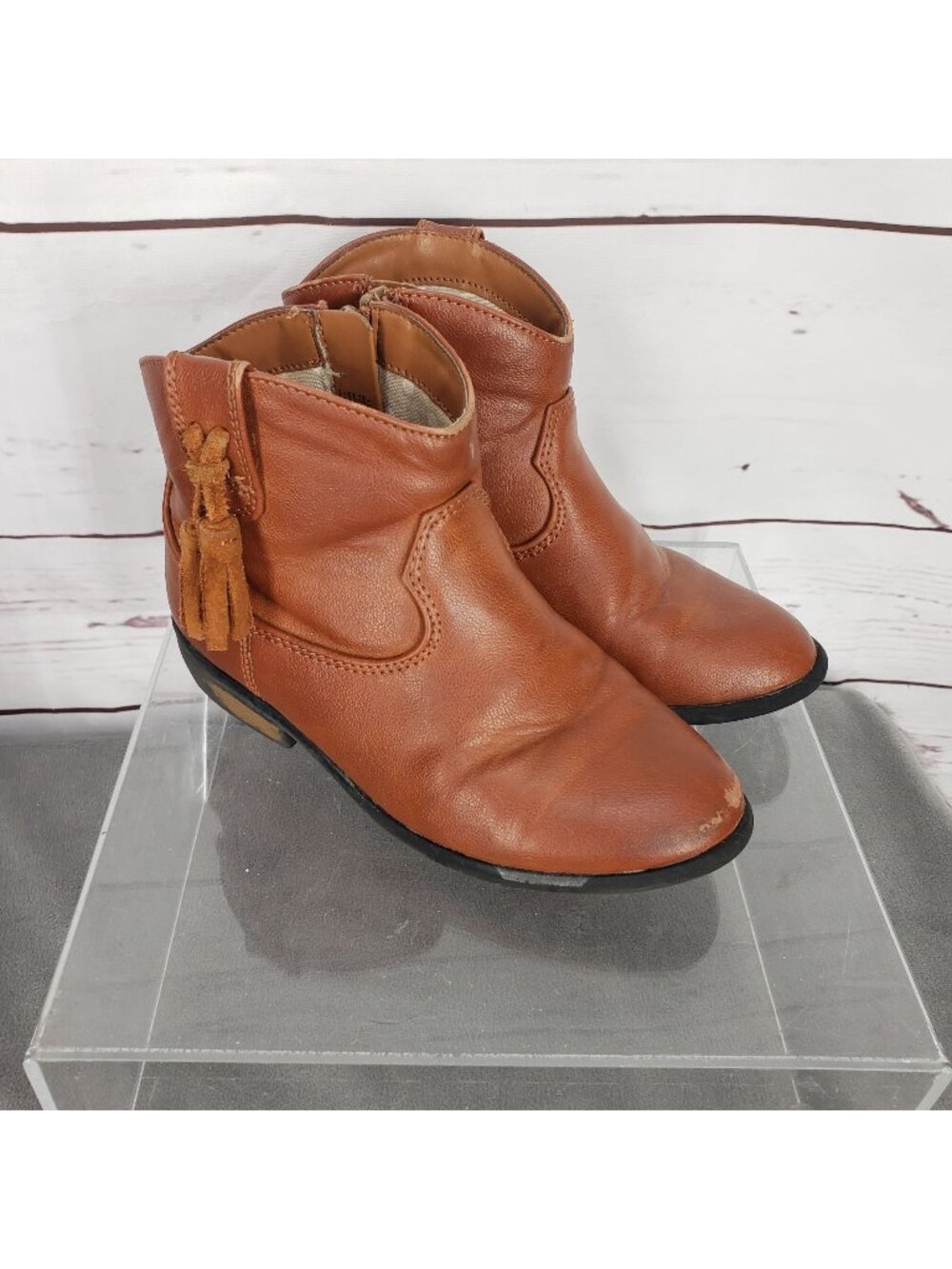 Cat & Jack Brown Faux Leather Toddler Boots With Tassel Accents & Side Zipper Cl
